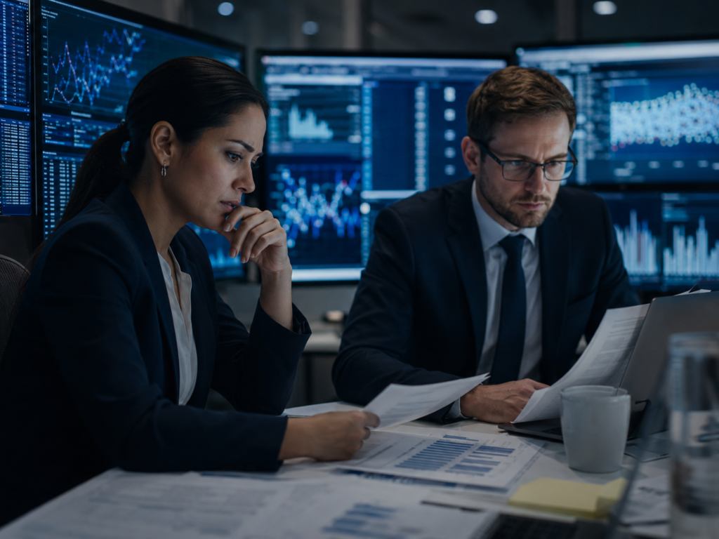 Compliance professionals reviewing regulatory reporting data