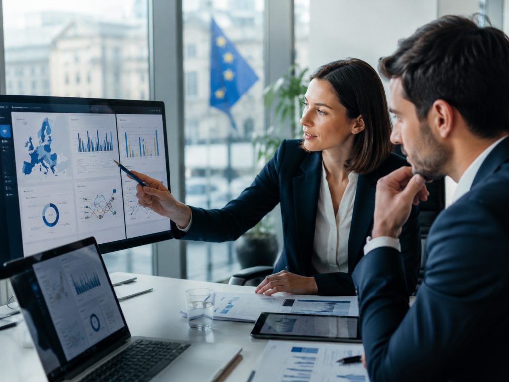 Compliance team reviewing European fund reporting data